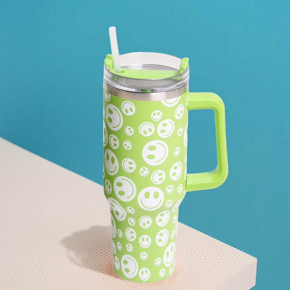 Happy Face Printed 40oz Stainless Steel Tumbler With Handle - Madeline Love - Flyclothing LLC