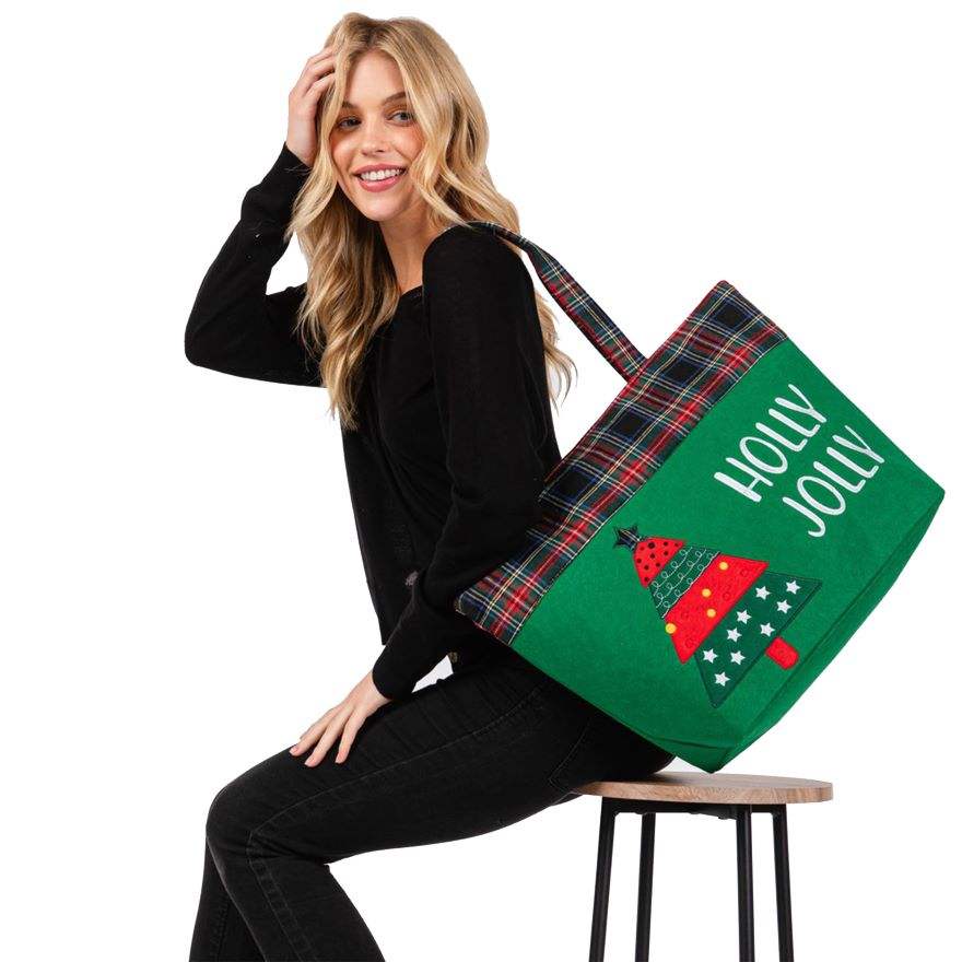 Holly Jolly Letter Christmas Tree Tote Bag - Madeline Love - Flyclothing LLC