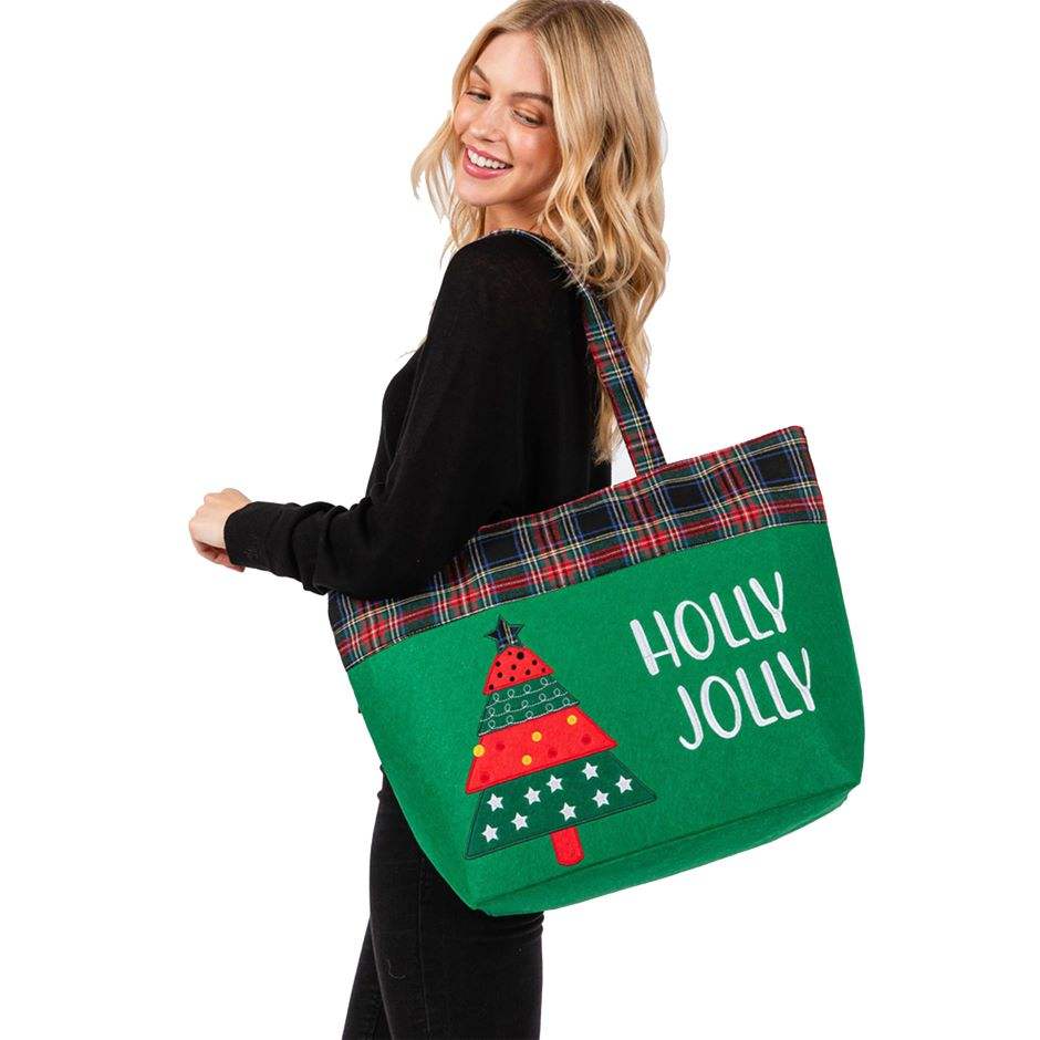 Holly Jolly Letter Christmas Tree Tote Bag - Madeline Love - Flyclothing LLC