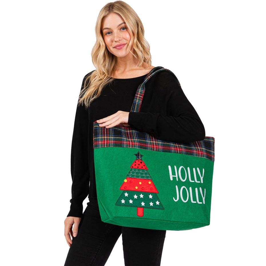 Holly Jolly Letter Christmas Tree Tote Bag - Madeline Love - Flyclothing LLC