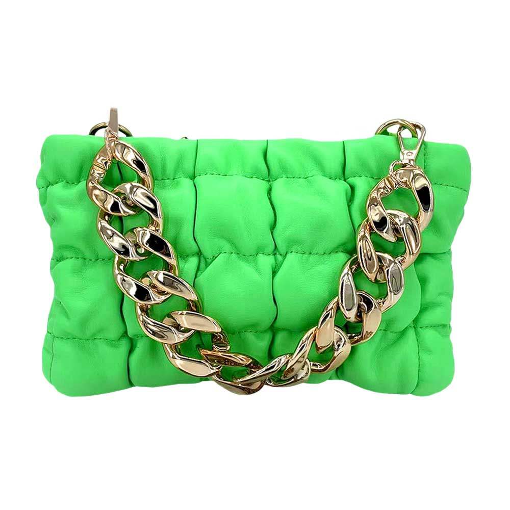 Faux Leather Padded Shoulder Crossbody Bag With Chain Strap - Madeline Love - Flyclothing LLC