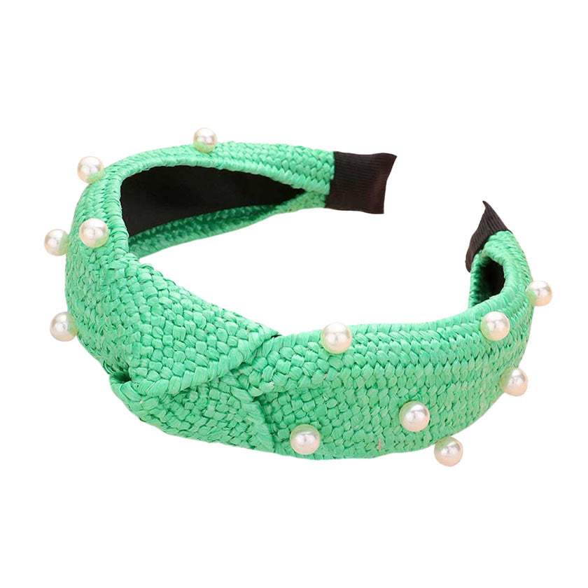 Pearl Embellished Straw Knot Burnout Headband - Madeline Love - Flyclothing LLC