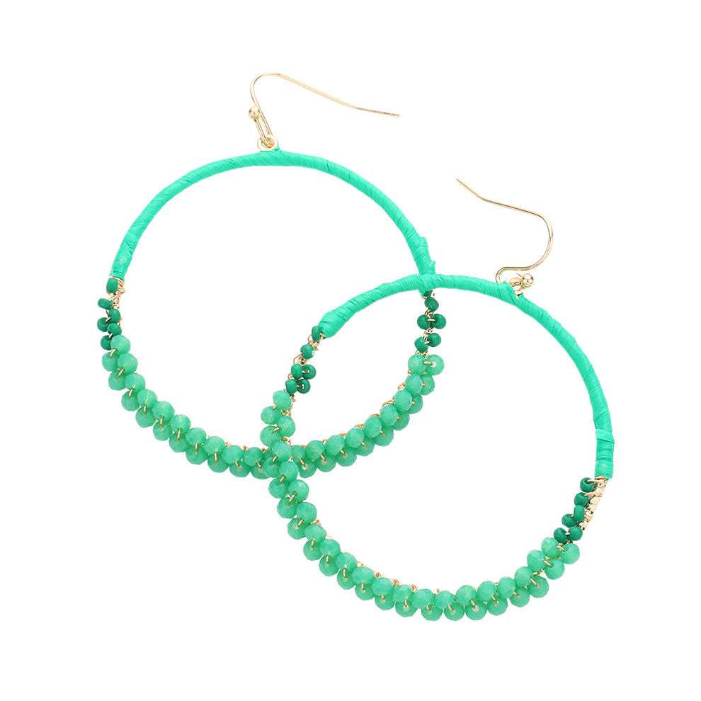 Raffia Faceted Bead Wrapped Open Metal Circle Earrings - Madeline Love - Flyclothing LLC