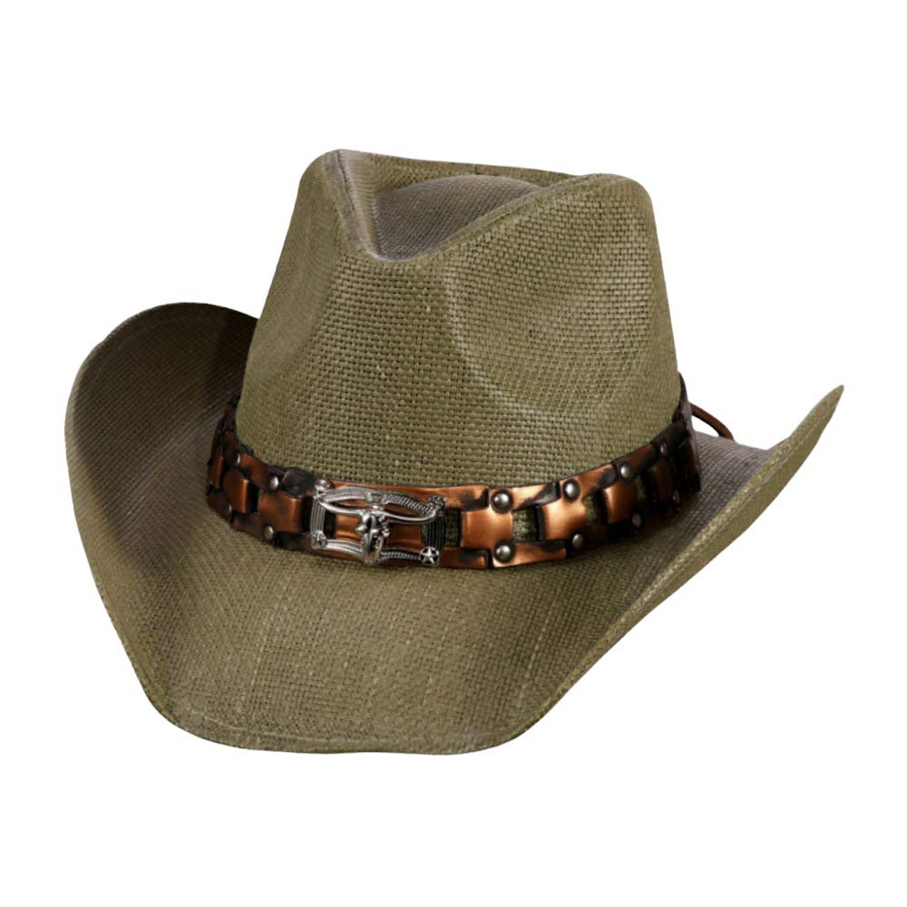 Steer Head Accented Faux Leather Band Straw Cowboy Hat - Madeline Love - Flyclothing LLC
