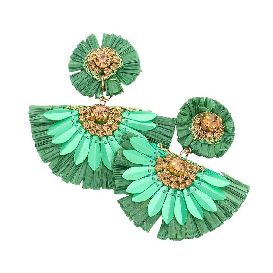 Stone Embellished Floral Raffia Link Dangle Earrings - Madeline Love - Flyclothing LLC