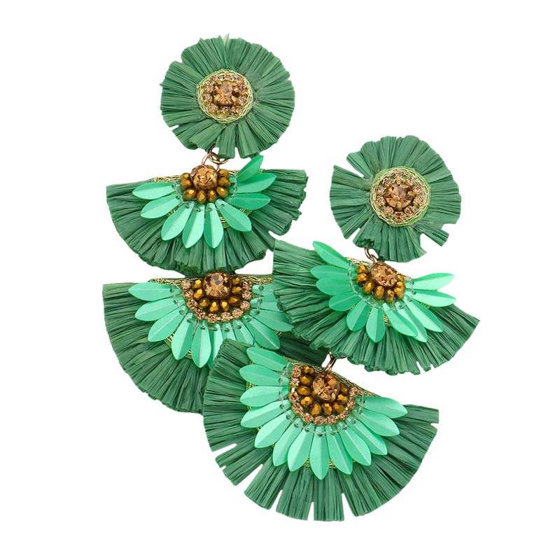 Stone Embellished Half Round Raffia Link Dangle Earrings - Madeline Love - Flyclothing LLC