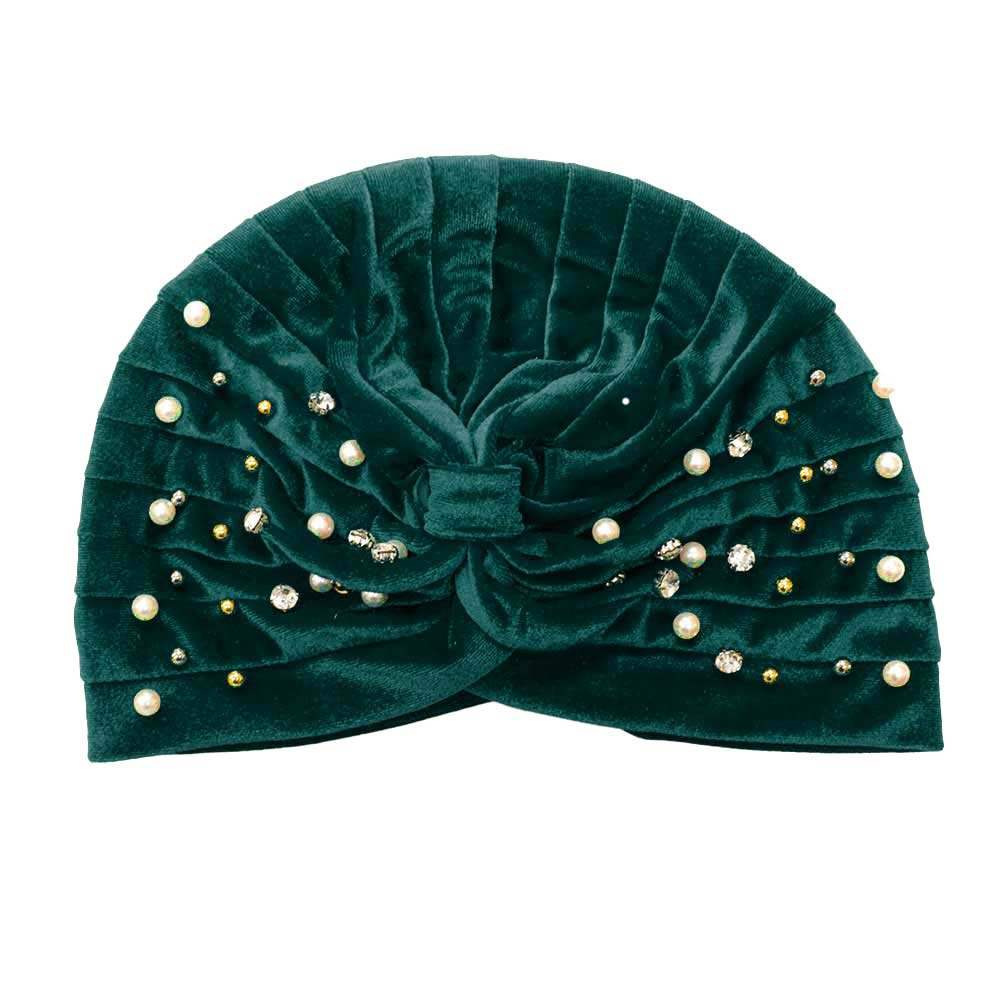 Stone Pearl Detailed Pleated Turban Beanie Hat - Madeline Love - Flyclothing LLC