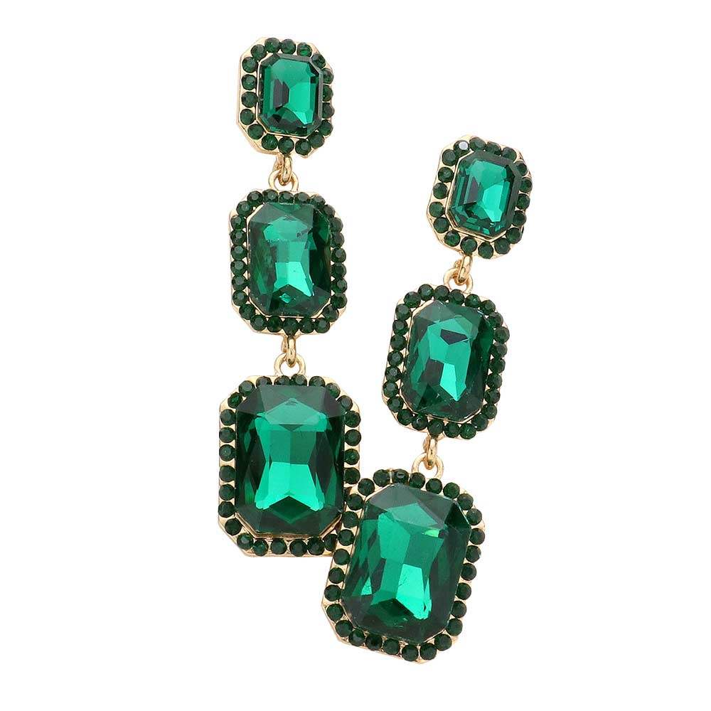 Triple Emerald Cut Stone Link Dangle Evening Earrings - Madeline Love - Flyclothing LLC