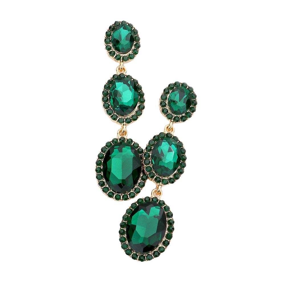 Triple Oval Glass Stone Drop Down Dangle Evening Earrings - Madeline Love - Flyclothing LLC