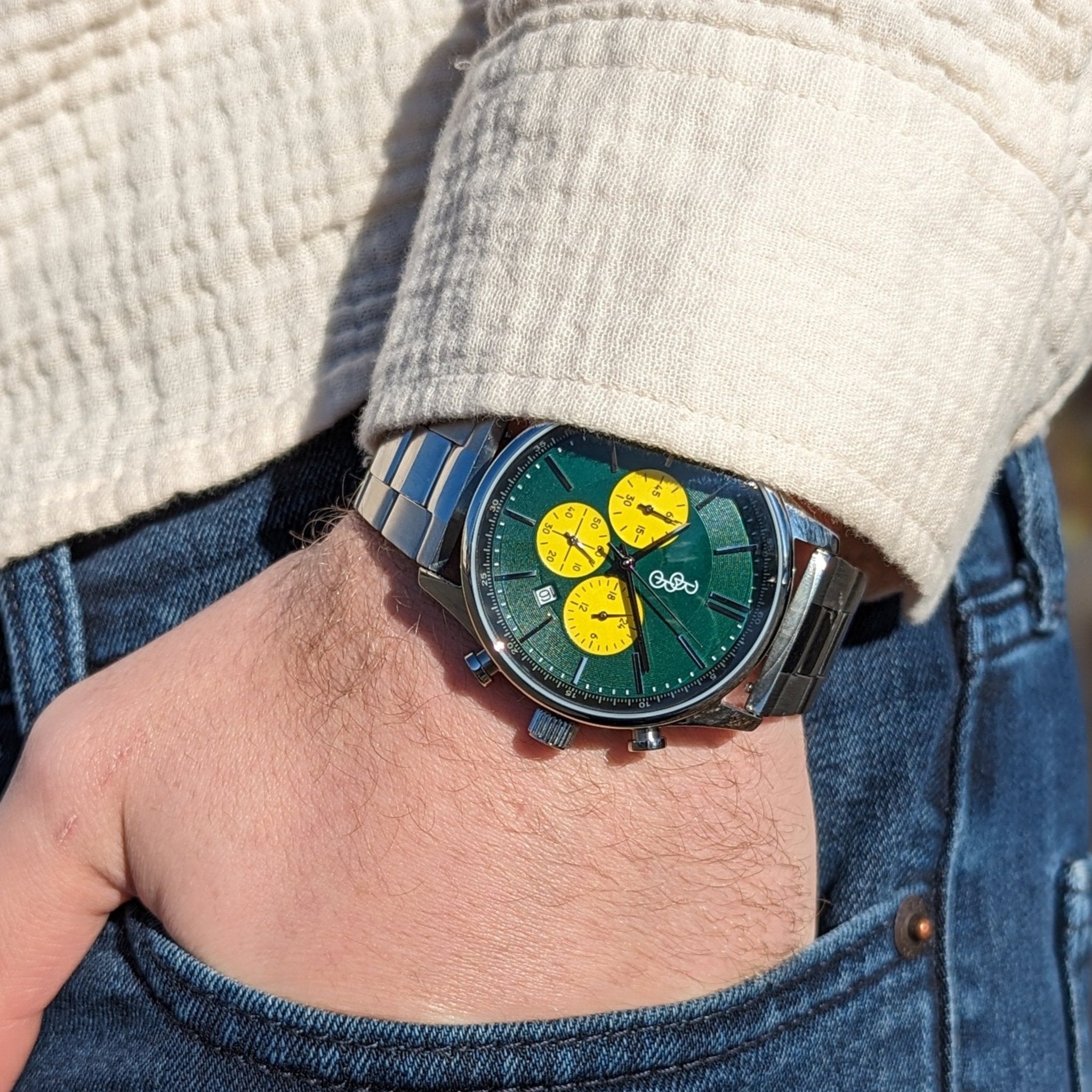 Green and Yellow Chronograph - The Beyond Boring Watch Company - Flyclothing LLC