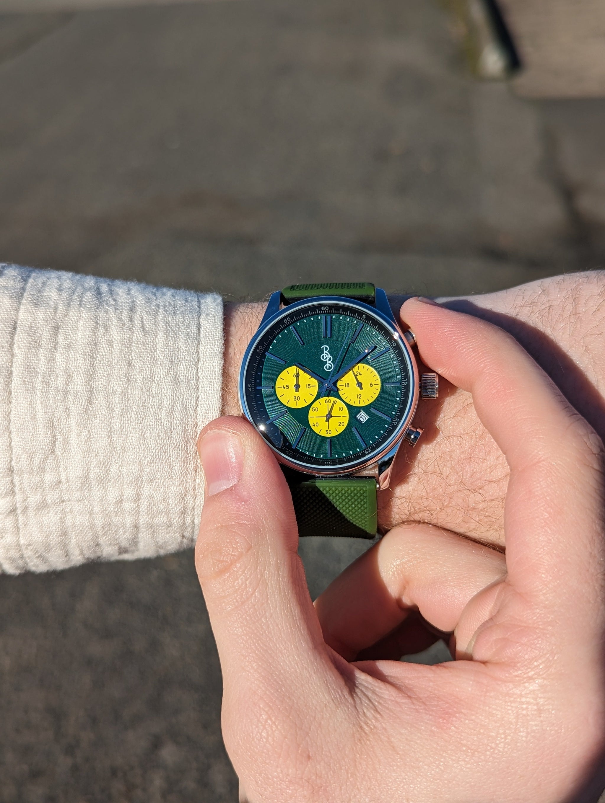 Green and Yellow Chronograph - The Beyond Boring Watch Company - Flyclothing LLC