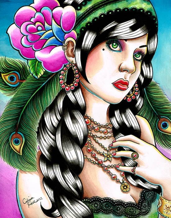 Black Market Art Company Gypsy Girl Feathers Print