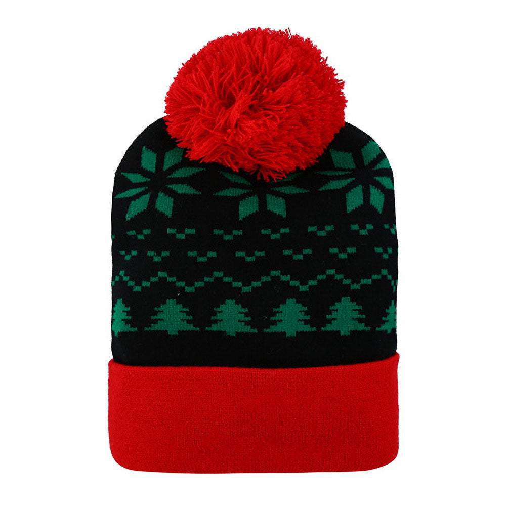 Snowflake Christmas Tree Pattern Pom Pom Winter Beanie Hat - Madeline Love - Flyclothing LLC