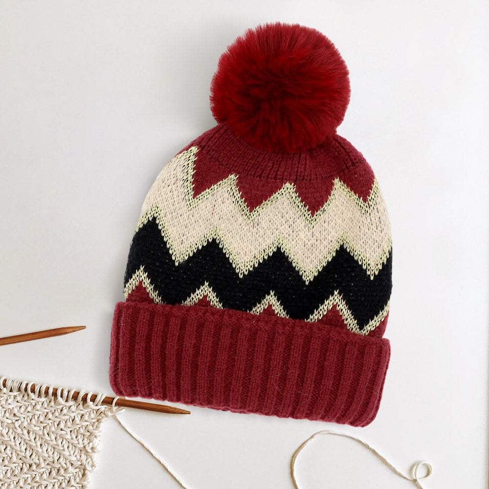 Zigzag Chevron Patterned Fuzzy Fleece Pom Pom Beanie Hat - Madeline Love - Flyclothing LLC
