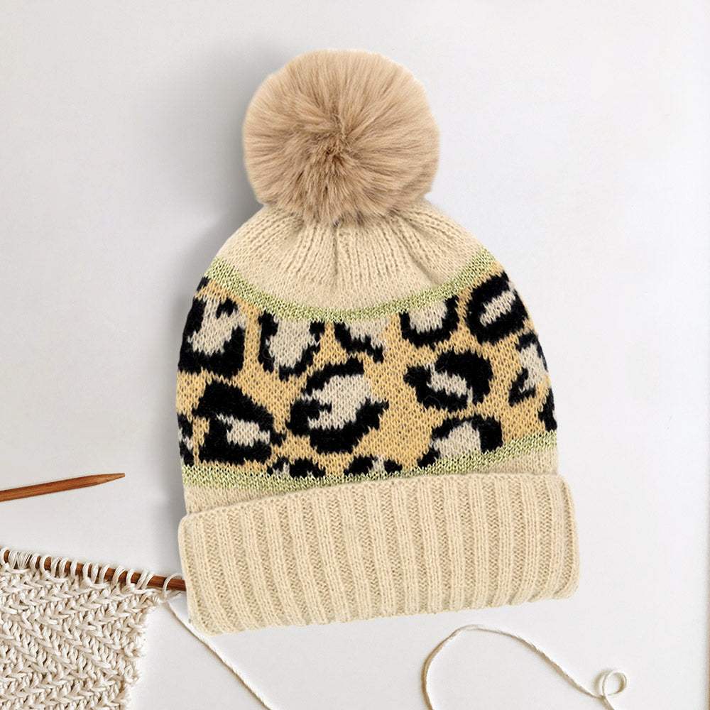 Leopard Patterned Pom Pom Beanie Hat - Madeline Love - Flyclothing LLC