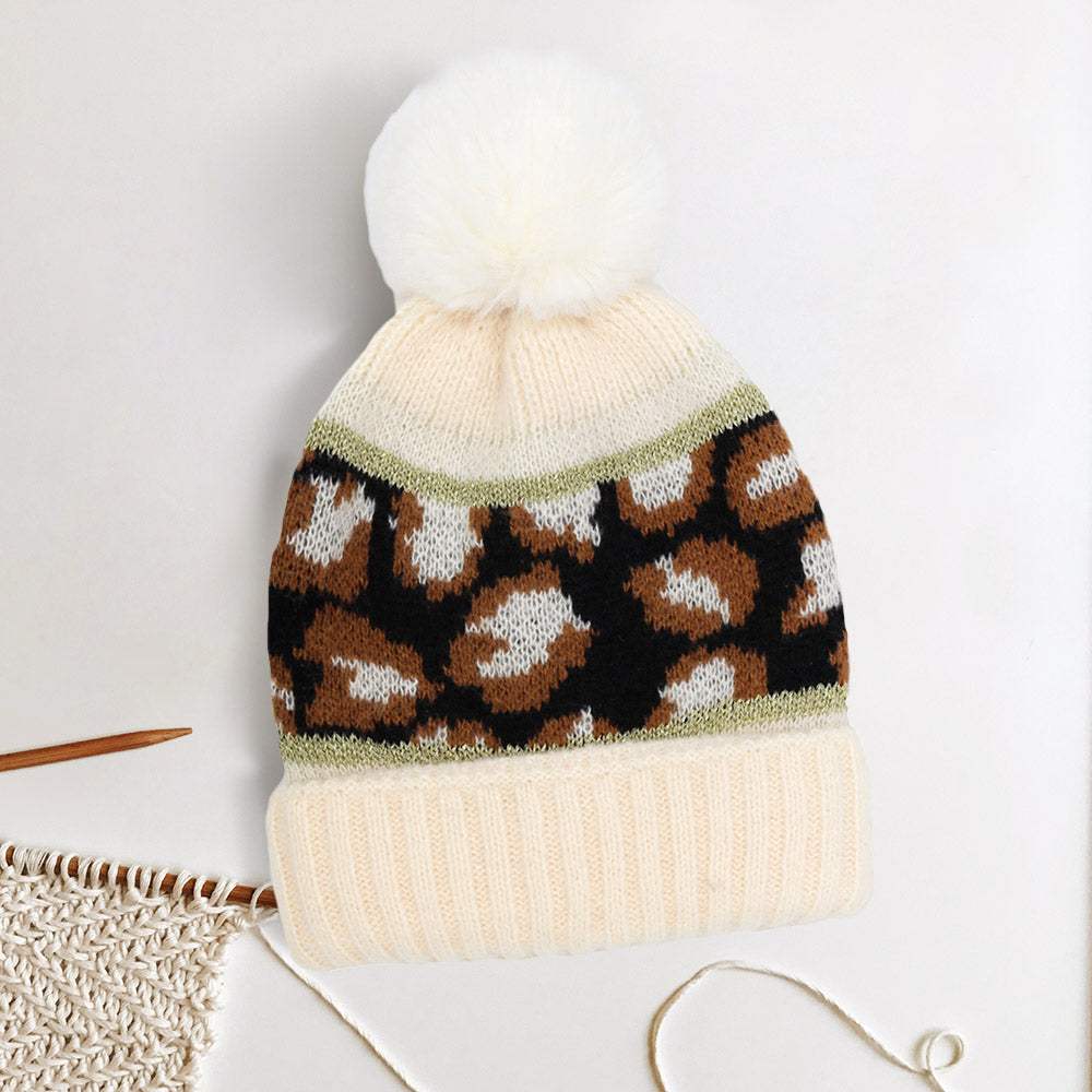 Leopard Patterned Pom Pom Beanie Hat - Madeline Love - Flyclothing LLC