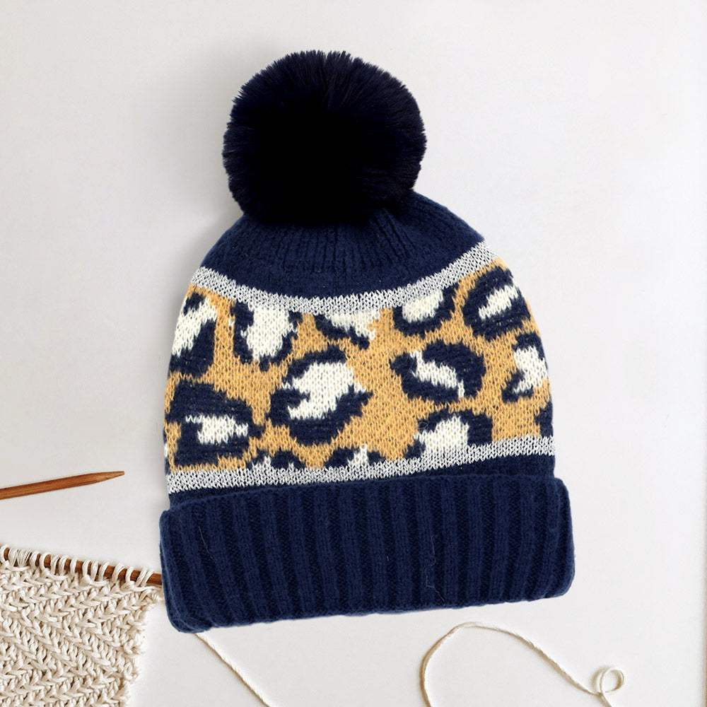 Leopard Patterned Pom Pom Beanie Hat - Madeline Love - Flyclothing LLC