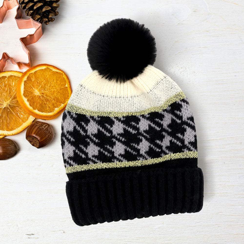 Houndstooth Patterned Pom Pom Beanie Hat - Madeline Love - Flyclothing LLC
