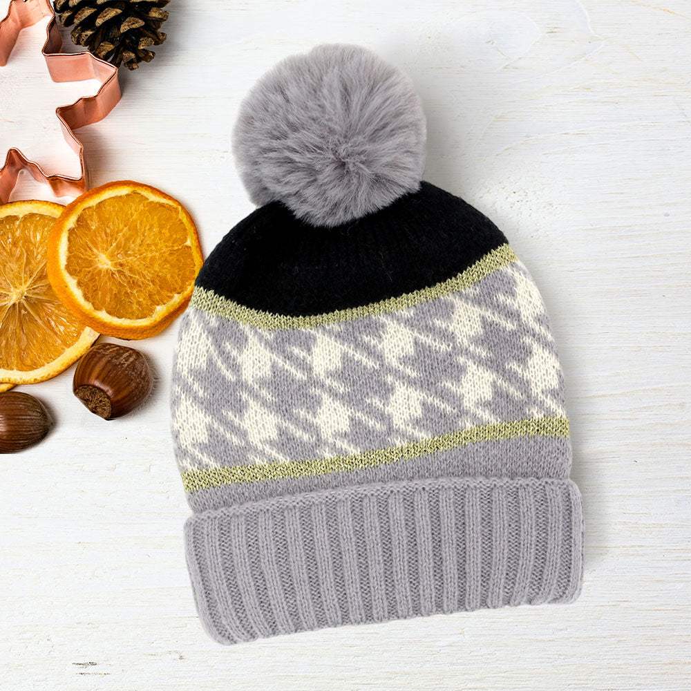 Houndstooth Patterned Pom Pom Beanie Hat - Madeline Love - Flyclothing LLC