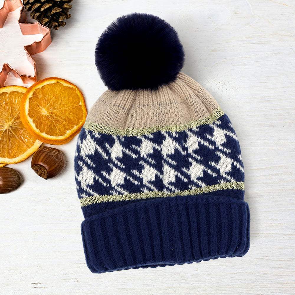Houndstooth Patterned Pom Pom Beanie Hat - Madeline Love - Flyclothing LLC