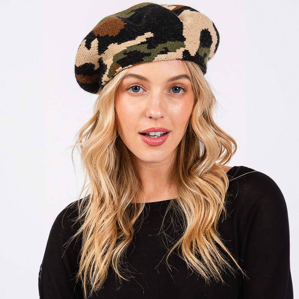 Camo Knit Beret Hat - Madeline Love - Flyclothing LLC