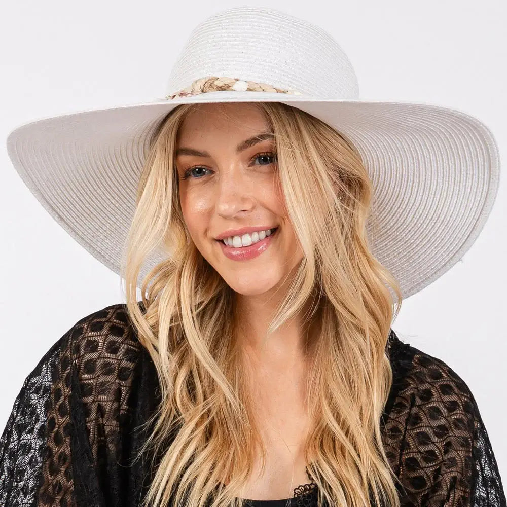 Wide Brim Straw Sun Hat with Shell and Conch Braided Band - Madeline Love - Flyclothing LLC
