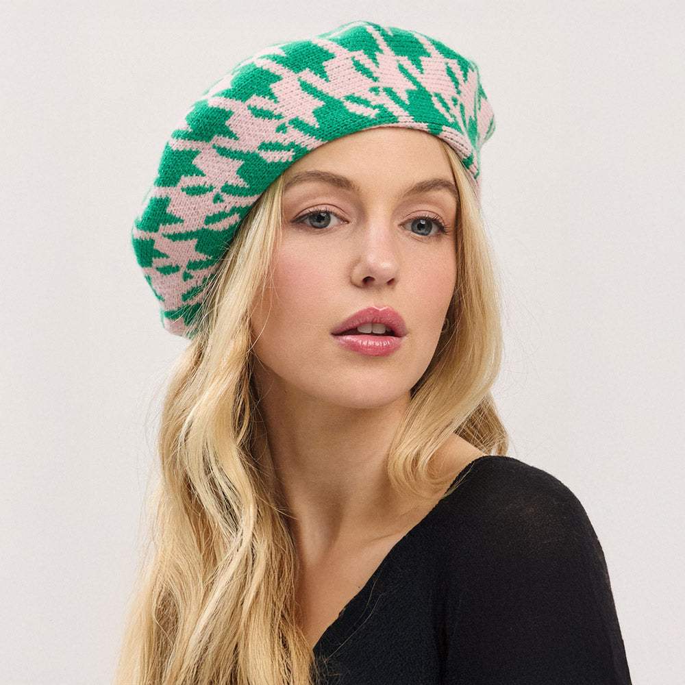 Houndstooth Knit Beret Hat - Madeline Love - Flyclothing LLC