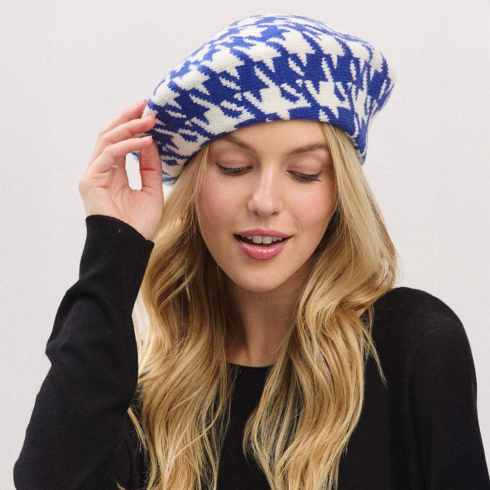 Houndstooth Knit Beret Hat - Madeline Love - Flyclothing LLC