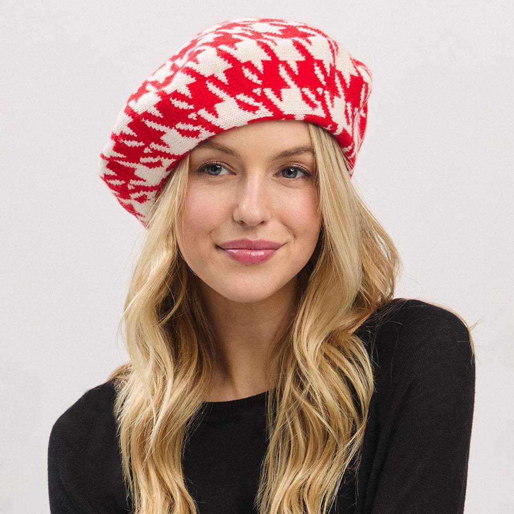 Houndstooth Knit Beret Hat - Madeline Love - Flyclothing LLC