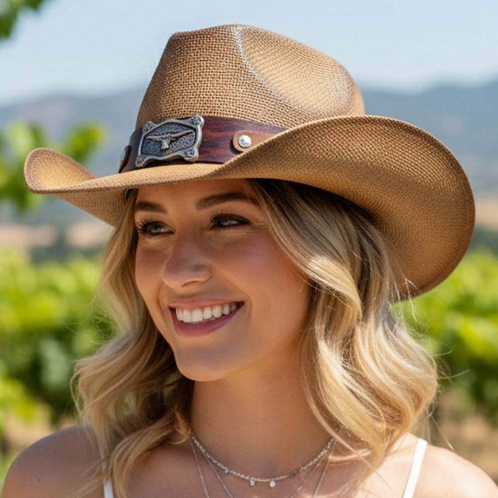 Vintage Longhorn Steer Head Buckle Accent Band Western Straw Cowboy Hat - Madeline Love - Flyclothing LLC