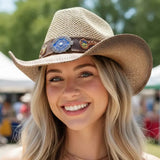 Boho Two Tone Rhinestone Studded Floral Concho Band Western Straw Cowboy Hat - Madeline Love - Flyclothing LLC