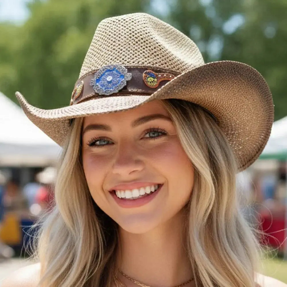 Boho Two Tone Rhinestone Studded Floral Concho Band Western Straw Cowboy Hat - Madeline Love - Flyclothing LLC