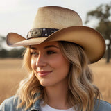 Rustic Star Concho Belt Accent Faux Leather Band Western Straw Cowboy Hat - Madeline Love - Flyclothing LLC