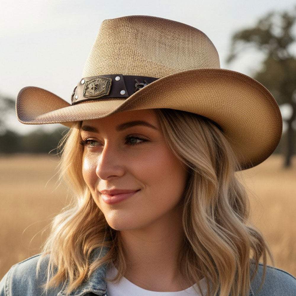 Rustic Star Concho Belt Accent Faux Leather Band Western Straw Cowboy Hat - Madeline Love - Flyclothing LLC
