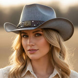 Rustic Star Concho Belt Accent Faux Leather Band Western Straw Cowboy Hat - Madeline Love - Flyclothing LLC