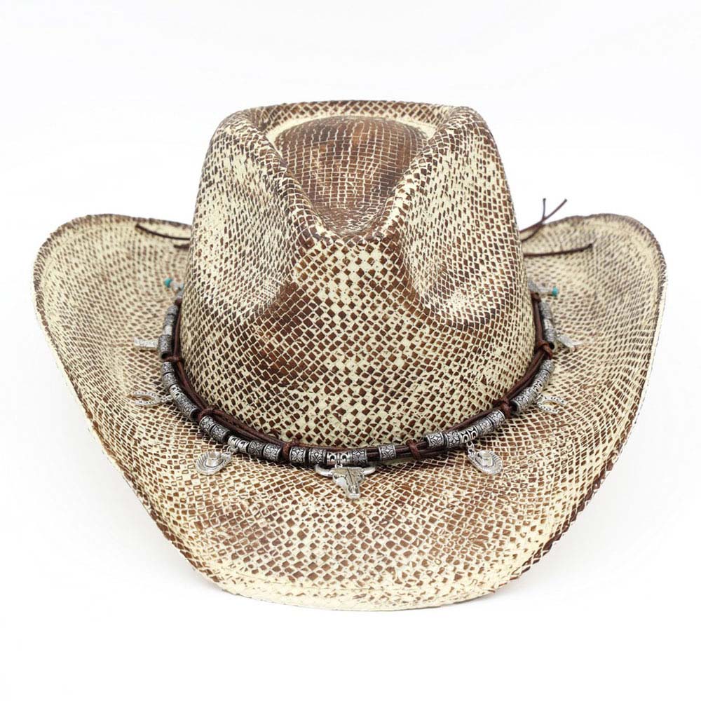 Handmade Vintage Steer Head Cactus Horseshoe Charm Faux Leather Band Western Straw Cowboy Hat - Madeline Love - Flyclothing LLC