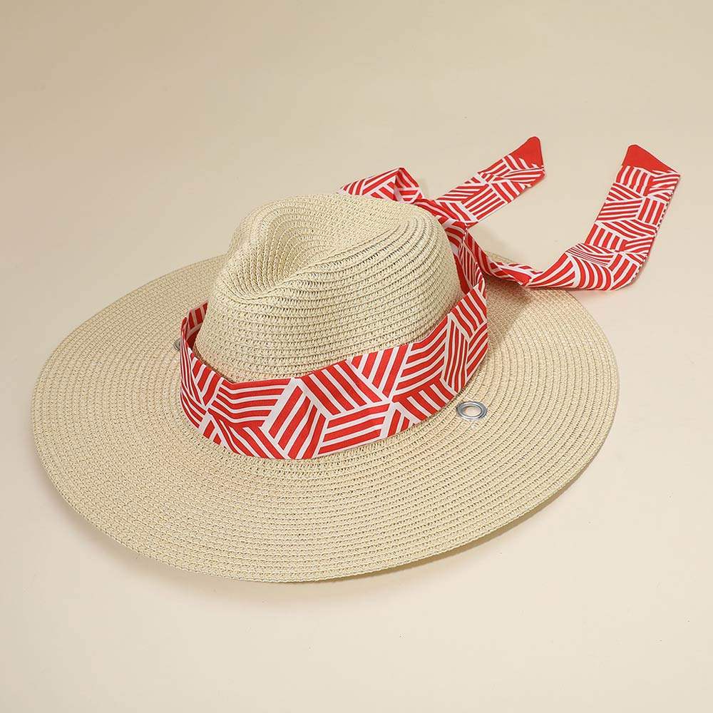 Geometric Pattern Scarf Band Woven Fedora Sun Hat - Madeline Love - Flyclothing LLC