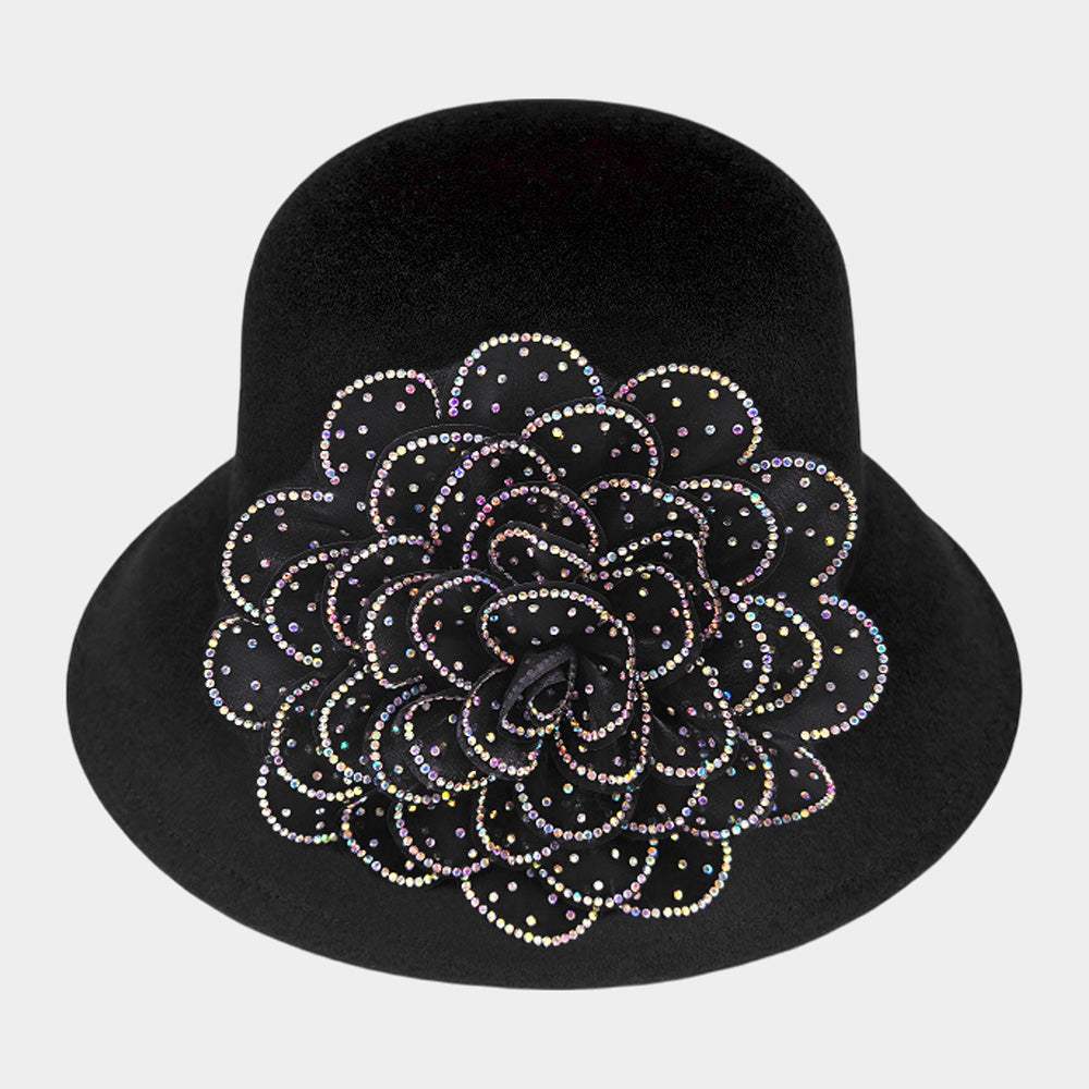 Bling Studded Flower Felt Wedding Jazz Church Bucket Hat - Madeline Love - Flyclothing LLC