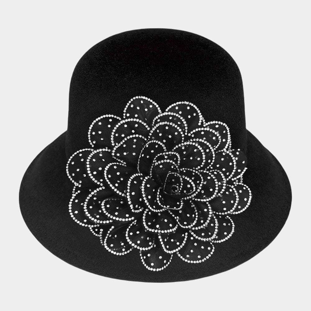Bling Studded Flower Felt Wedding Jazz Church Bucket Hat - Madeline Love - Flyclothing LLC