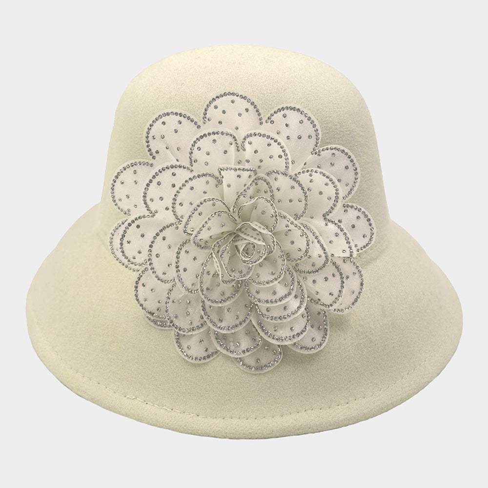 Bling Studded Flower Felt Wedding Jazz Church Bucket Hat - Madeline Love - Flyclothing LLC
