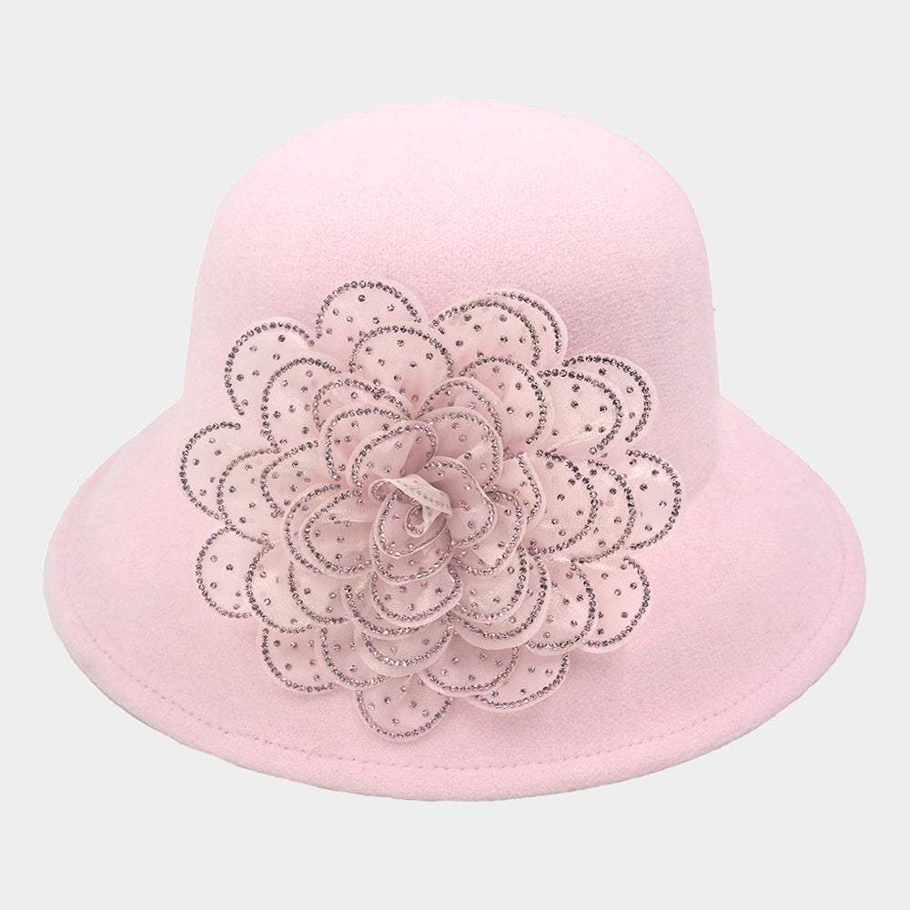Bling Studded Flower Felt Wedding Jazz Church Bucket Hat - Madeline Love - Flyclothing LLC