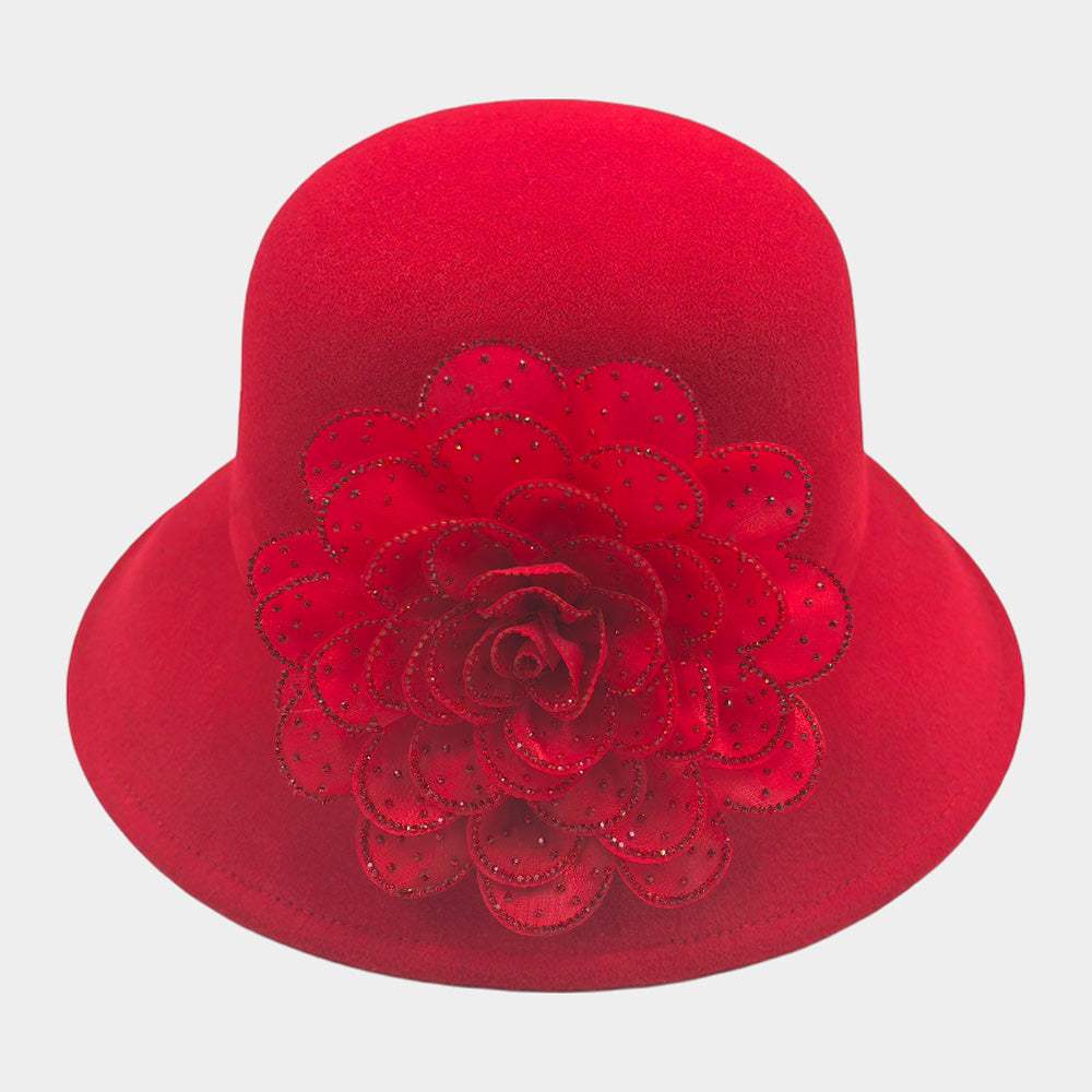Bling Studded Flower Felt Wedding Jazz Church Bucket Hat - Madeline Love - Flyclothing LLC