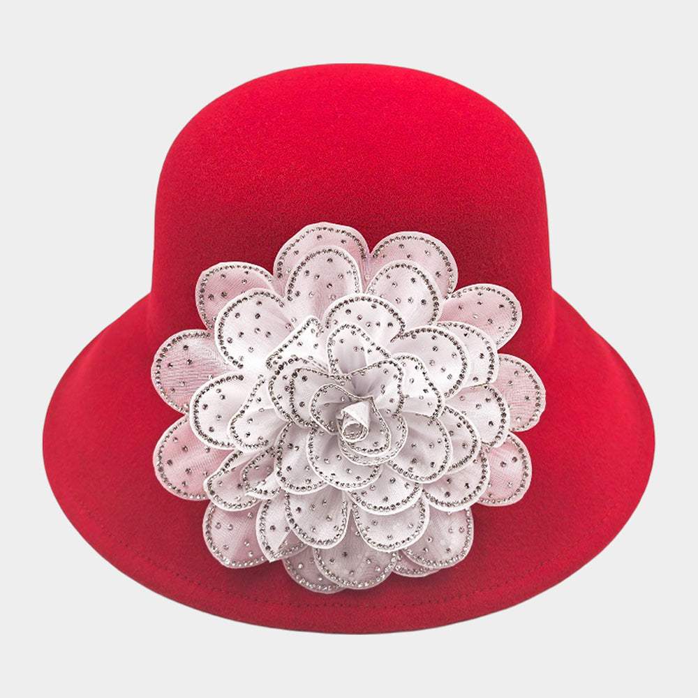 Bling Studded Flower Felt Wedding Jazz Church Bucket Hat - Madeline Love - Flyclothing LLC