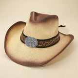 Western Flower Vine Embossed Oval Concho Buckle Band Cowboy Fedora Hat - Madeline Love - Flyclothing LLC