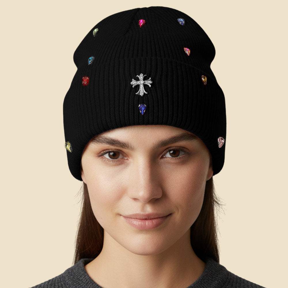 Rhinestone Cross Accent Teardrop Stone Cluster Embellished Knit Beanie Hat - Madeline Love - Flyclothing LLC