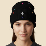 Rhinestone Cross Accent Teardrop Stone Cluster Embellished Knit Beanie Hat - Madeline Love - Flyclothing LLC