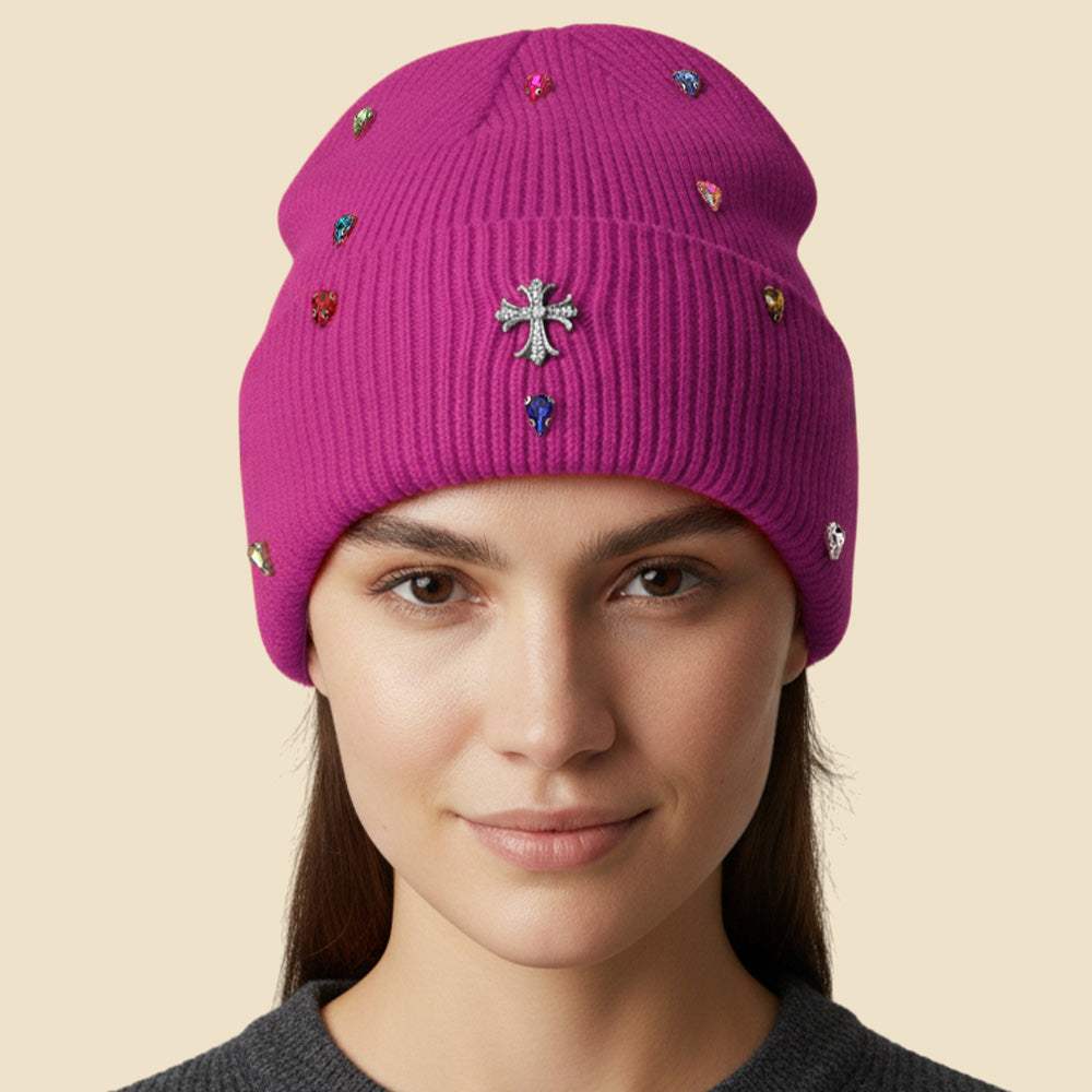 Rhinestone Cross Accent Teardrop Stone Cluster Embellished Knit Beanie Hat - Madeline Love - Flyclothing LLC