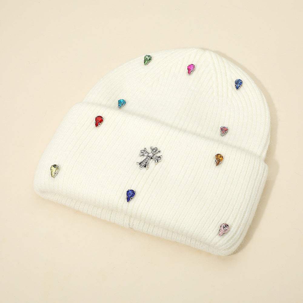 Rhinestone Cross Accent Teardrop Stone Cluster Embellished Knit Beanie Hat - Madeline Love - Flyclothing LLC