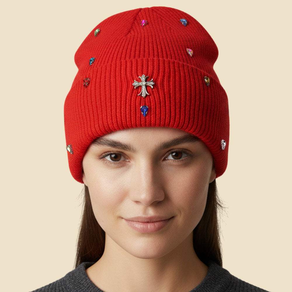 Rhinestone Cross Accent Teardrop Stone Cluster Embellished Knit Beanie Hat - Madeline Love - Flyclothing LLC