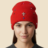 Rhinestone Cross Accent Teardrop Stone Cluster Embellished Knit Beanie Hat - Madeline Love - Flyclothing LLC